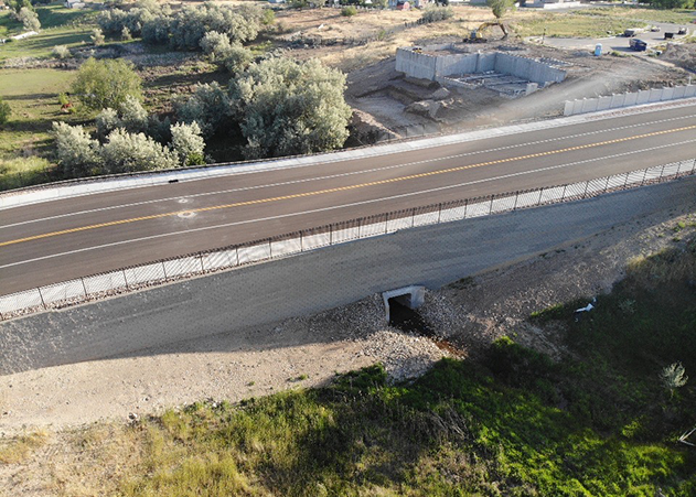 aerial view of highway with retaining walls on either side